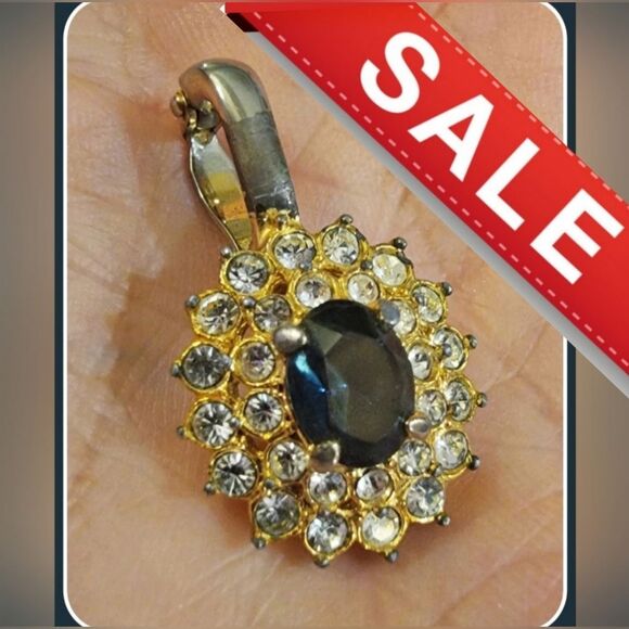 #Vintage Deep #Sapphire Glass & Rhinestones Gold Silver Tones #Pendant #Enhancer - Picture 1 of 5